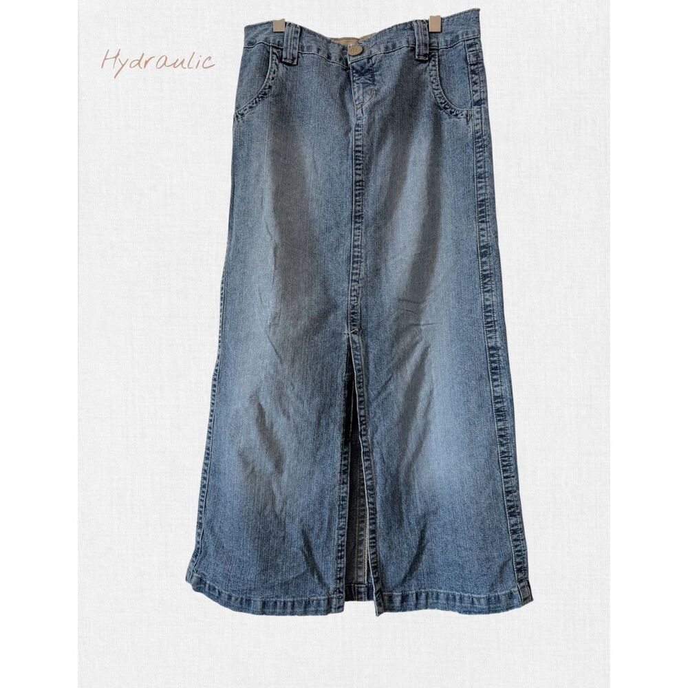Hydraulic Denim Midi Lt. Wash Jean Skirt Front Slit Button Pocket Back